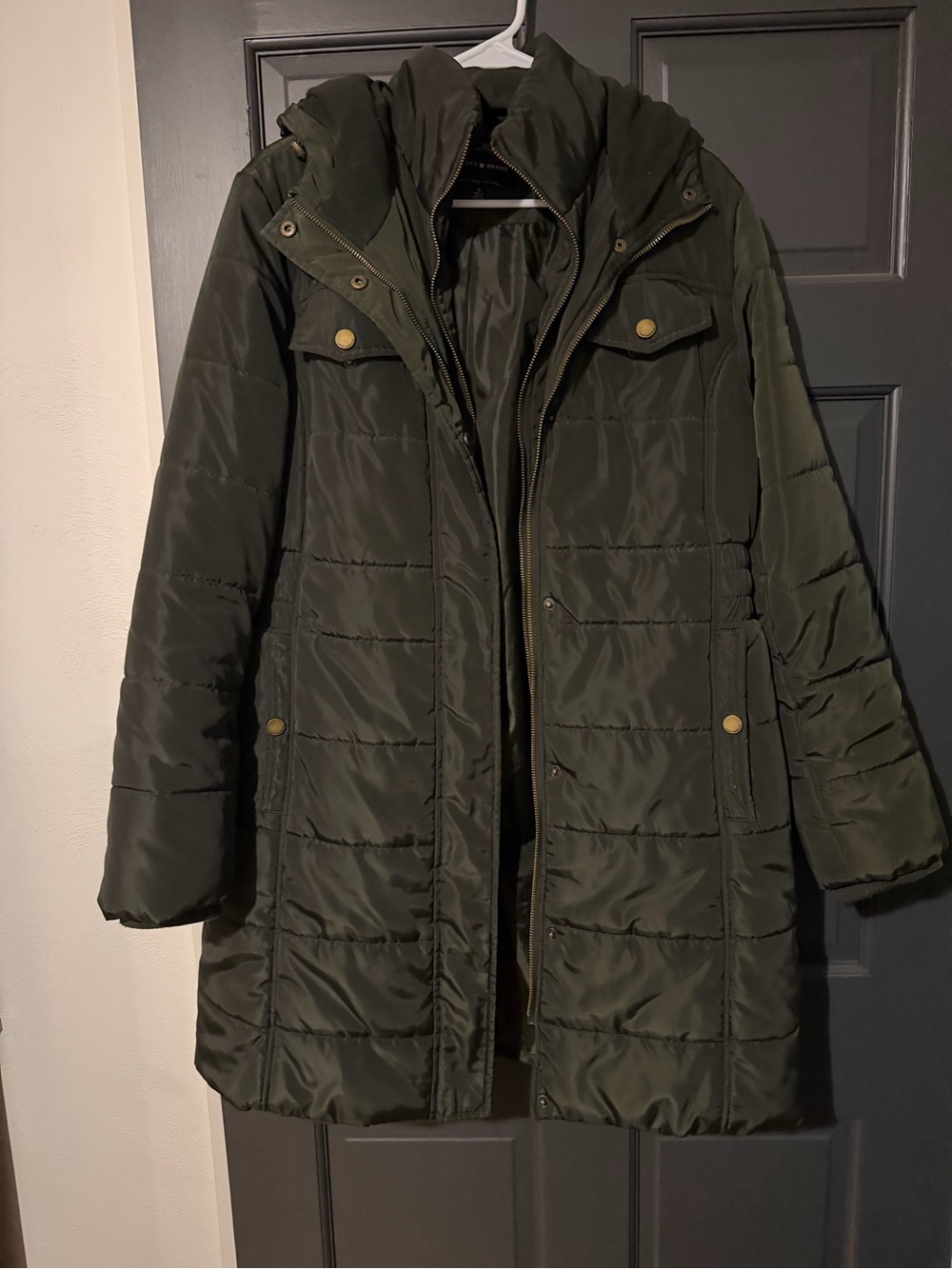 Lucky Brand Olive Green Quilted Long Puffer Coat with Hood